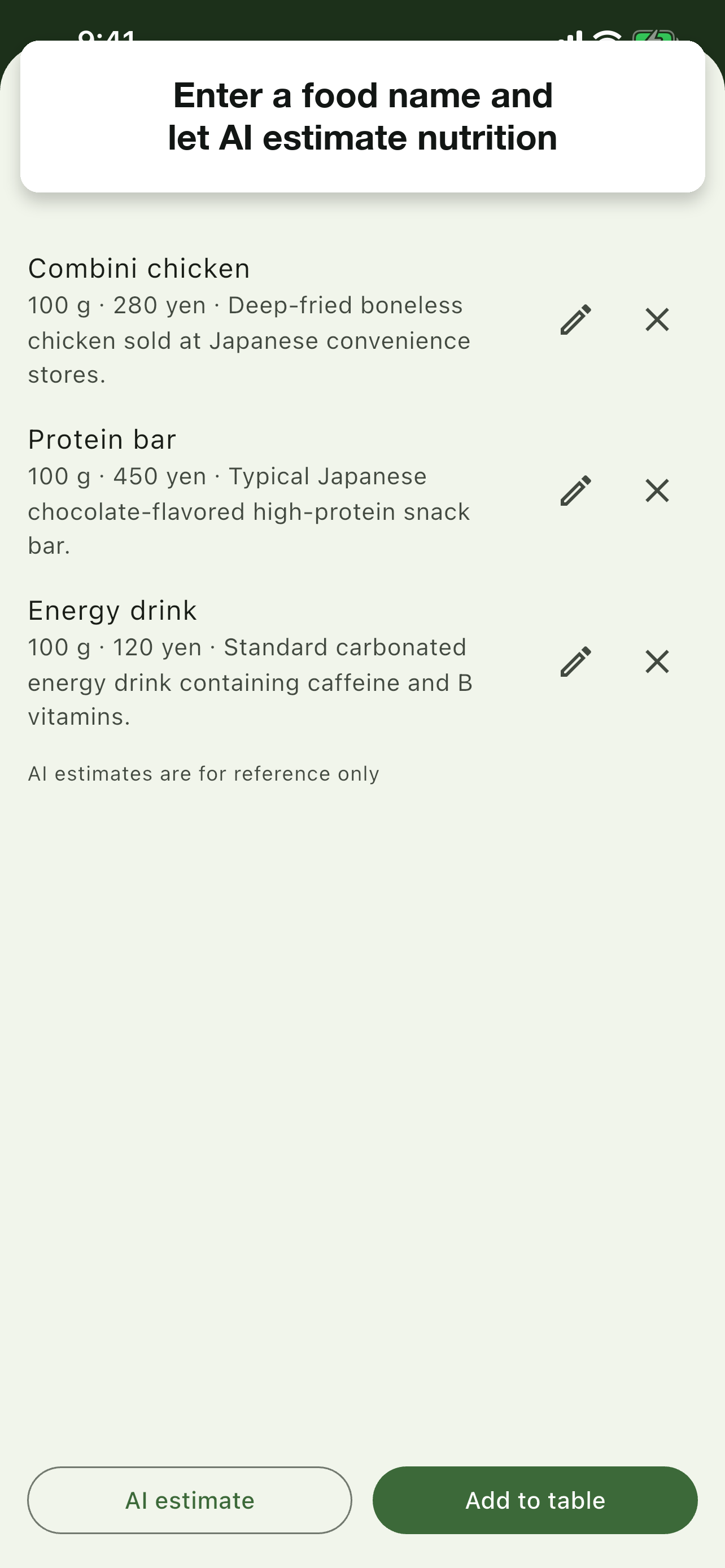 Enter nutrients from a food name with AI