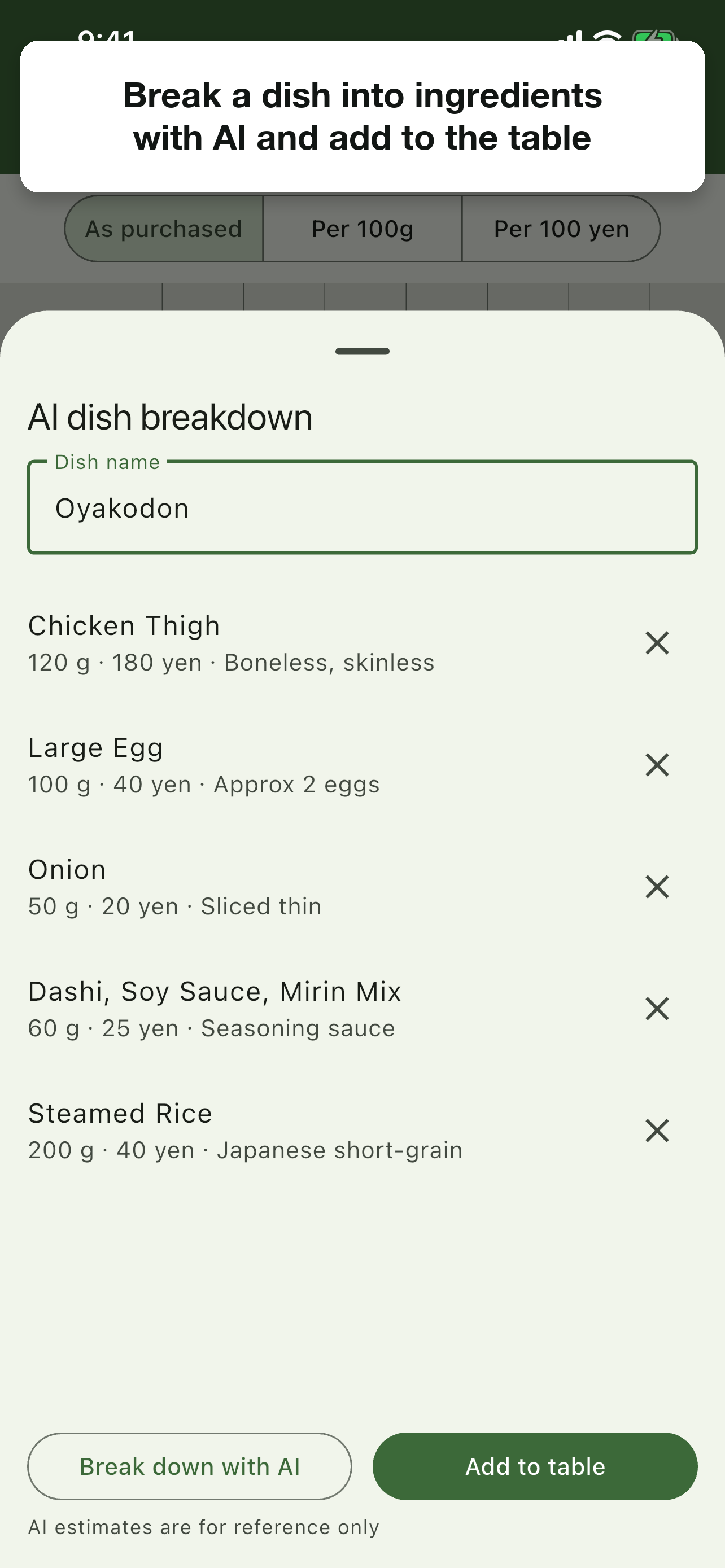 Break a dish into ingredients for the table