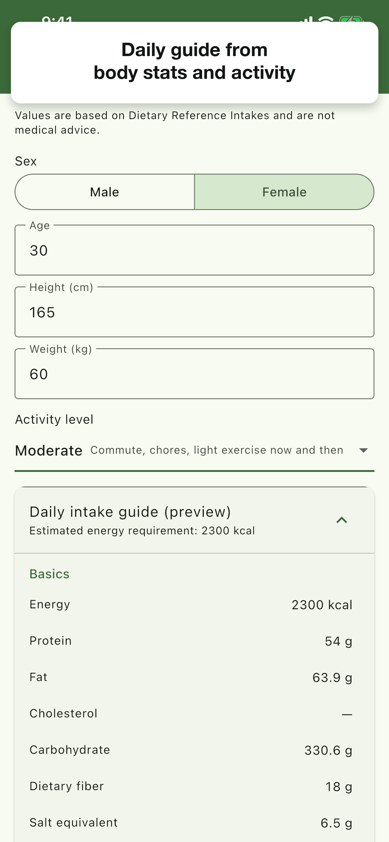 Daily guides from sex, age, and activity